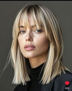 Air Space Haircut, Bob With Balayage Blonde, 1 Length Haircut, Medium Bob With Layers And Bangs, Blonde Medium Hair With Bangs, Sophisticated Bob Hairstyles, Lob Haircut With Fringe, Shaggy Lob Hairstyles, Blond Bob Haircut