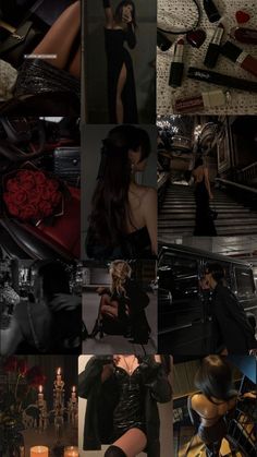 the collage shows many different images of women in black dresses and high heeled shoes