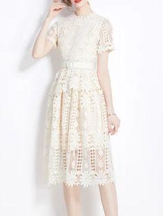 Casual Look. European design. Heaven embroidered dress. Halter neck. Short sleeves. Zipper back closure. Polyester lace fabric. Color may be lighter or darker depending of the device it is displayed. Spring A-line Midi Dress With Lace Trim, Beige Lace Patchwork Knee-length Dress, Knee-length Beige Dress With Lace Patchwork, Beige Knee-length Dress With Lace Patchwork, Spring A-line Dress With Lace Collar, Beige Midi Dress With Lace Sleeves, Chic Midi-length Lace Dress With Patchwork, Chic Midi Length Lace Dress With Patchwork, Lace Patchwork Midi Length Dress