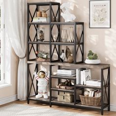 a bookshelf filled with lots of different items in a living room next to a window