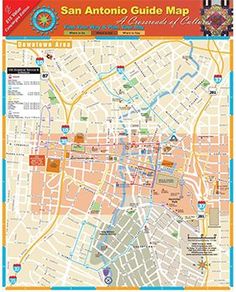 the san antonio guide map is shown in red and yellow, with an orange border