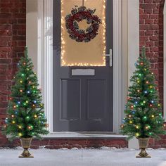 two christmas trees in front of a door with wreaths on it and lights hanging from the side