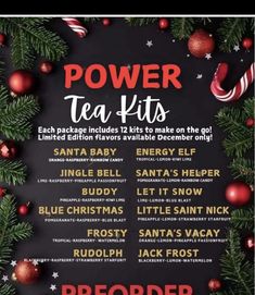 a menu for power tea hits with christmas decorations