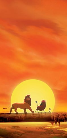 the lion king and the person who is walking in front of an orange sunset