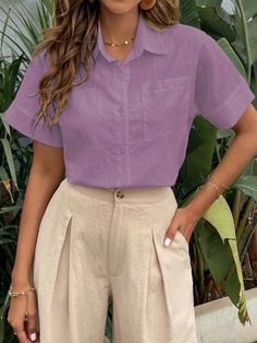 Purple Casual Collar Short Sleeve Fabric Plain Shirt Embellished Non-Stretch Summer Women Clothing Trend Fashion, Inspired Outfits, Work Outfits Women, Mode Vintage, Business Casual Outfits