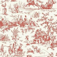 Seasons Toile Wallpaper in Red from the Grandmillennial Collection by York Wallcoverings Strip Wallpaper, Toile Wallpaper, Red Season, York Wallpaper, Drops Patterns, York Wallcoverings, Resource Library, Red Wallpaper, Prepasted Wallpaper