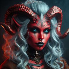 a woman with long white hair and horns on her head is wearing red makeup, blue eyes