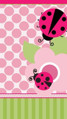 two ladybugs on pink and green polka doted wallpaper with dots in the background