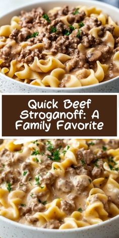 two bowls filled with beef stroganonoff and pasta on top of each other