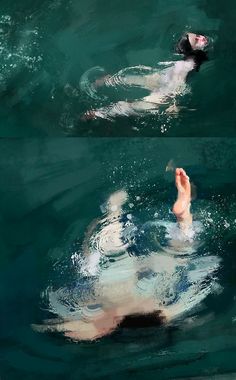 two images of a person swimming in the water with their feet up and one is floating