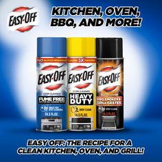 an ad for easy - off kitchen and more with three different products in the background