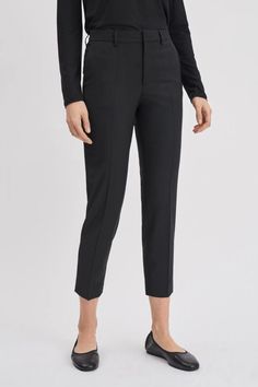 Emma Cropped Cool Wool Trouser | Filippa-k.com Timeless Straight Leg Pantsuit For Business Casual, Timeless Straight Leg Office Pantsuit, Tailored Straight Leg Pantsuit In Timeless Style, Tailored Timeless Straight Leg Pantsuit, Tailored Straight Leg Timeless Pantsuit, Business Trousers Made Of Elastane, Tailored Elastane Straight Pants, Tailored Straight Elastane Pants, Business Straight Pants With Elastane