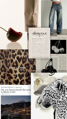 a collage of photos with leopard print and other things in the background, including a woman's legs