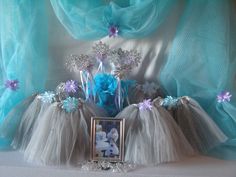 a blue and white photo frame sitting on top of a table next to tulle skirts