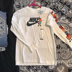 New With Tags, Great For Active Boys. Nike Long Sleeve T-shirt For Spring, Nike Long Sleeve Cotton T-shirt, Fun Long Sleeve Cotton Shirt, Fun White Top For Streetwear, Fun White Tops For Streetwear, Nike Long Sleeve Tops With Letter Print, Nike White Cotton Shirt, Fun White Shirt For Streetwear, Nike Cotton Long Sleeve T-shirt