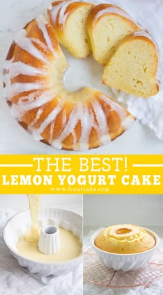 the best lemon yogurt cake recipe is in this collage with photos and text overlay