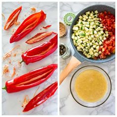 two pictures showing the process of making an eggplant salad with peppers and cucumbers