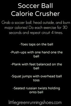 the soccer ball calorie crusher recipe is shown in black with white lettering