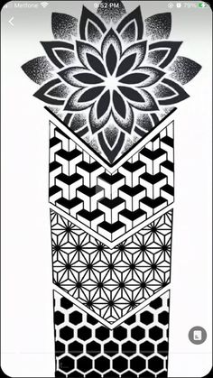 an abstract black and white drawing with geometric shapes in the center, as well as a flower