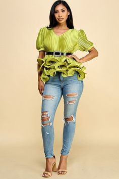 Elevate your wardrobe with our Puffed Sleeve Top with Ruffled Bottom. The elegant combination of puffed sleeves and a ruffled bottom adds a touch of sophistication to any outfit. Complete the look with the removable rhinestone buckle belt for a touch of luxury. 100% polyester. Puff Sleeve Top With Ruffles For Party, Trendy Party Blouse With Ruffle Hem, Spring Ruffle Hem Blouse For Night Out, Spring Night Out Blouse With Ruffle Hem, Chic Green Puff Sleeve Top, Spring Puff Sleeve Top For Night Out, Elegant Puff Sleeve Top With Ruffles For Parties, Glamorous Puff Sleeve Tops For Spring, Glamorous Spring Blouse With Ruffles