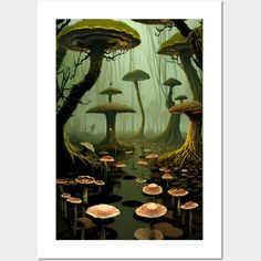 a painting of mushrooms in the forest