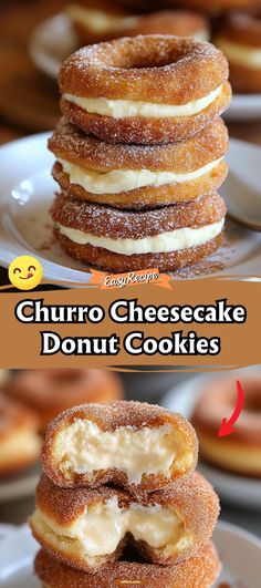 Imagine the sweet magic of churros, cheesecake, and donuts all rolled into one spectacular cookie. These Churro Cheesecake Donut Cookies are a creative dessert sure to wow at any gathering. #ChurroCookies #CheesecakeDonut #UniqueDessert Donut Dessert Ideas, Fun Donut Ideas, Churro Cheesecake Donut Cookies, Churros Cheesecake, Cheesecake Donut, Donut Cookies, Churro Cheesecake, Bake Easy, Cheesecake Filling