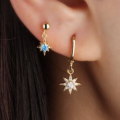 The sparkle star drop earring is a great addition to any jewelry collection. This drop will add just the perfect amount of sparkle to any celebratory outfit. The drop is hypoallergenic and made with sterling silver posts. Detail： -Material: gold plated with internal S925 Sterling Silver or S925 Sterling silver -Nickel free and sensitive skin friendly. -Gauge: 20g | 0.8mm-Post length: 6mm-Length: 12.8mm-Include: single item-Closure: screw ball back * Piercings are sold individually for layering p Diy Jewellery Designs, Cool Ear Piercings, Ear Style, Earrings Inspiration, Joy Of Life, Diamond Charm, Moon Jewelry, Dangly Earrings, Hand Jewelry