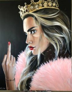 a painting of a woman wearing a tiara and holding her finger up to the side