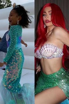 two pictures of the same woman dressed in mermaid costumes, one with red hair and green sequins