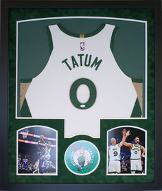 an autographed basketball jersey is displayed in a shadow box with other photos and memorabilia