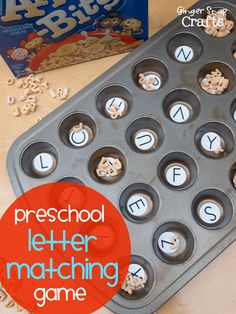 a letter matching game with pre school letters and cereal in the tray next to it