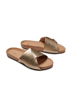 Leather upper, insole Rubber sole Slip-on styling Imported | Tori Sandals by beek in Gold, Women's, Size: 8, Leather/Rubber at Anthropologie Gold Leather Footbed Sandals With Textured Footbed, Gold Leather Sandals With Textured Footbed, Gold Sandals With Leather Footbed And Flat Heel, Gold Leather Beach Slides, Gold Leather Slides For The Beach, Gold Leather Open Toe Footbed Sandals, Gold Open Toe Leather Footbed Sandals, Gold Flat Sandals With Leather Sole, Gold Open Toe Leather Slides