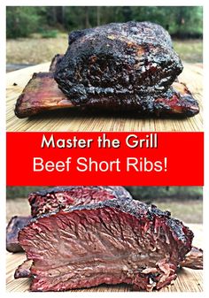 two different types of steaks with the words, master the grill beef short ribs