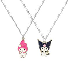 two necklaces with hello kitty and cat on them, one has a pink bow