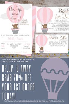 the hot air balloon baby shower party package is on sale for $ 10, and it's up to 20 % off your 1st order today