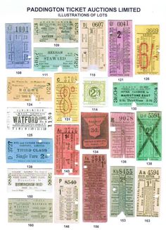 an old ticket collection with numbers and tickets on the front, including two different types of tickets