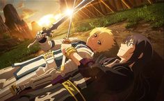 an anime scene with two people holding swords and looking at each other while the sun is setting