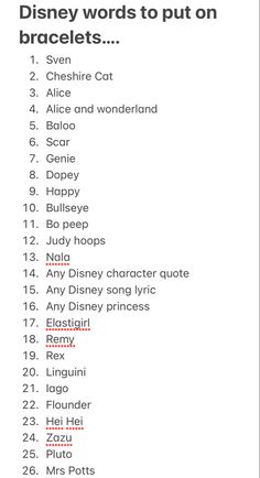 the disney words to put on mickey's list are shown in red and black