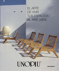 an advertisement for unoppu furniture with four chairs in front of a white wall