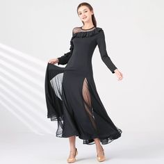 Women's Long Sleeve Modern Dance Performance Dress Waltz Ballroom Dance Dress Black American Smooth Dress, Box Dress, Ballroom Dance Dress, Performance Training, Dress Ruffles, Costume Ball, Tango Dress, Ballroom Dance Dresses, Performance Dresses