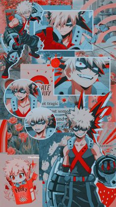 an image of anime character collages with red and blue colors on the background