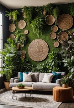 a living room filled with lots of green plants and wicker baskets on the wall