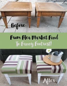 the before and after pictures of a coffee table with matching foot stools on it