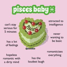 a piece of cake with the words pisces baby on it and an image of cherries in the shape of a heart