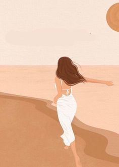 a woman in a white dress is walking on the beach with her hair blowing in the wind