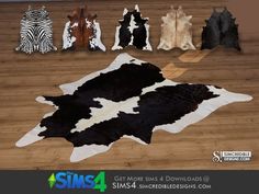 the animal skin rugs are all different colors and sizes