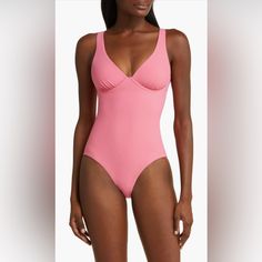 Get Back To The Classics When You Step Out And Lounge By The Water In This Solid One-Piece With A V-Neck And Supportive Underwire Cups. Uniquely Engineered To Sculpt And Shape, Sculpteur Matte Fabric Is Sutainably Made In Italy With Exceptional Chlorine Resistance, Fade Resistance And Upf 50+ Protection. Moderate Back Coverage Upf 50+ Sun Protection Lined 59% Polyamide, 41% Lycra Spandex Hand Wash, Dry Flat Imported Oeko-Texcertified Materials Free Of Harmful Substances Brand New No Original Tag Elegant Pink V-neck Swimwear, Elegant Pink Swimwear With Lined Body, Elegant One-piece Bodysuit For Pool, Elegant Pink Lined Swimwear, Elegant Pink Bodysuit For Swimming, Elegant Pink Swimsuit, Elegant Pink Underwire Swimwear, Elegant Pink V-neck Bodysuit, Fitted Bodysuit For Pool