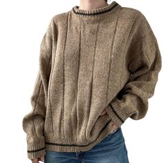 Vintage Mens Alps Tab Wool Ribbed Oversized Cozy Chunky Sweater Sz XL Size XL Color: tan with green trim  Material: wool (feels like 85% wool, 15% nylon) Ribbed  Excellent vintage condition  Collar to hem: 26"  Pit to pit: 26"  Sleeve: 24"  Modeled on a medium/size 6/ 5 foot 7/ 140lbs/ 34 C/ 28" inch waist Winter Khaki Sweater With Relaxed Fit, Khaki Relaxed Fit Sweater For Winter, Khaki Relaxed Fit Winter Sweater, Cozy Khaki Winter Sweater, Cozy Brown Sweater For Outdoor, Cozy Brown Outdoor Sweater, Cozy Brown Sweater With Ribbed Collar, Oversized Brown Sweater With Ribbed Collar, Cozy Brown Sweater