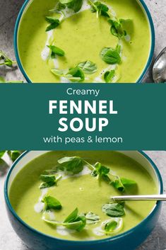 two bowls of creamy fennel soup with peas and lemon on the side, topped with fresh basil leaves