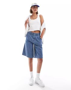 ASOS DESIGN tailored longline denim jorts in mid blue pinstripe - part of a set | ASOS Denim Jorts, Summer Staples, Co Ord, Long A Line, Stripes Design, Asos, High Rise, Relaxed Fit, Blue